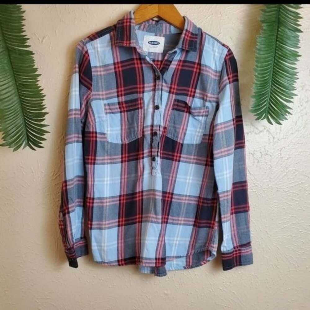 Old Navy Button Half Down Plaid Checkered Collared Shirt Cotton XS X Small